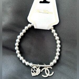 Silver Pearl-Like Beaded Bracelet with Heart and C  Charm